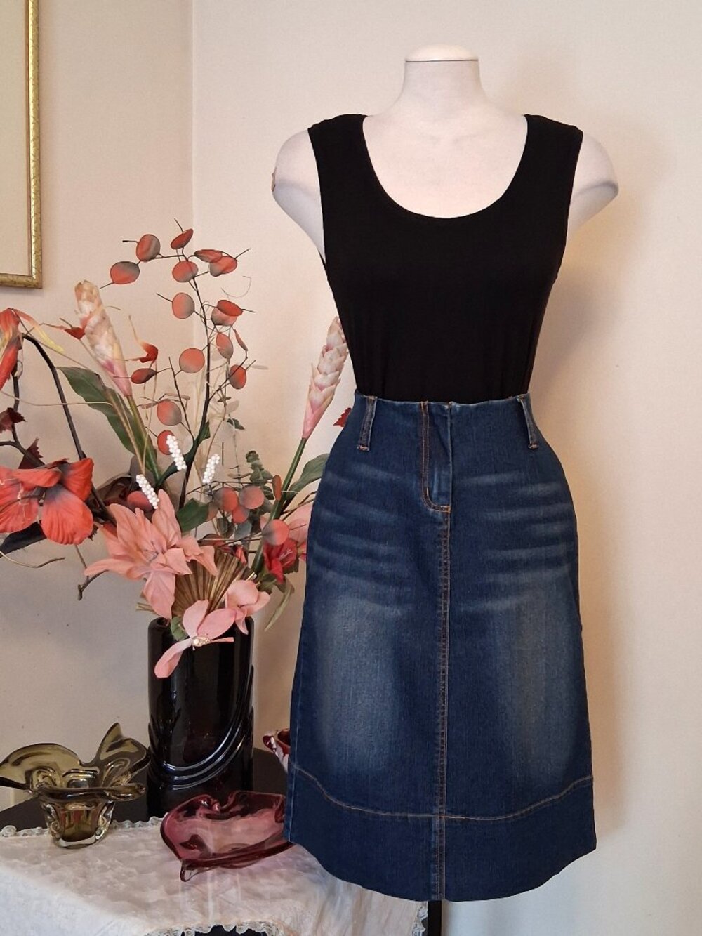 Quality Stretch Blue Denim Midi Jean Skirt– Knee Length Chic Casual Skirts 14